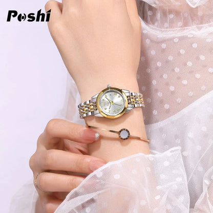 POSHI Stainless Steel Strap Quartz Watch Fashion Casual Women's Watches Crystal Dial Quartz Movement Date Ladies Bracelet Gift