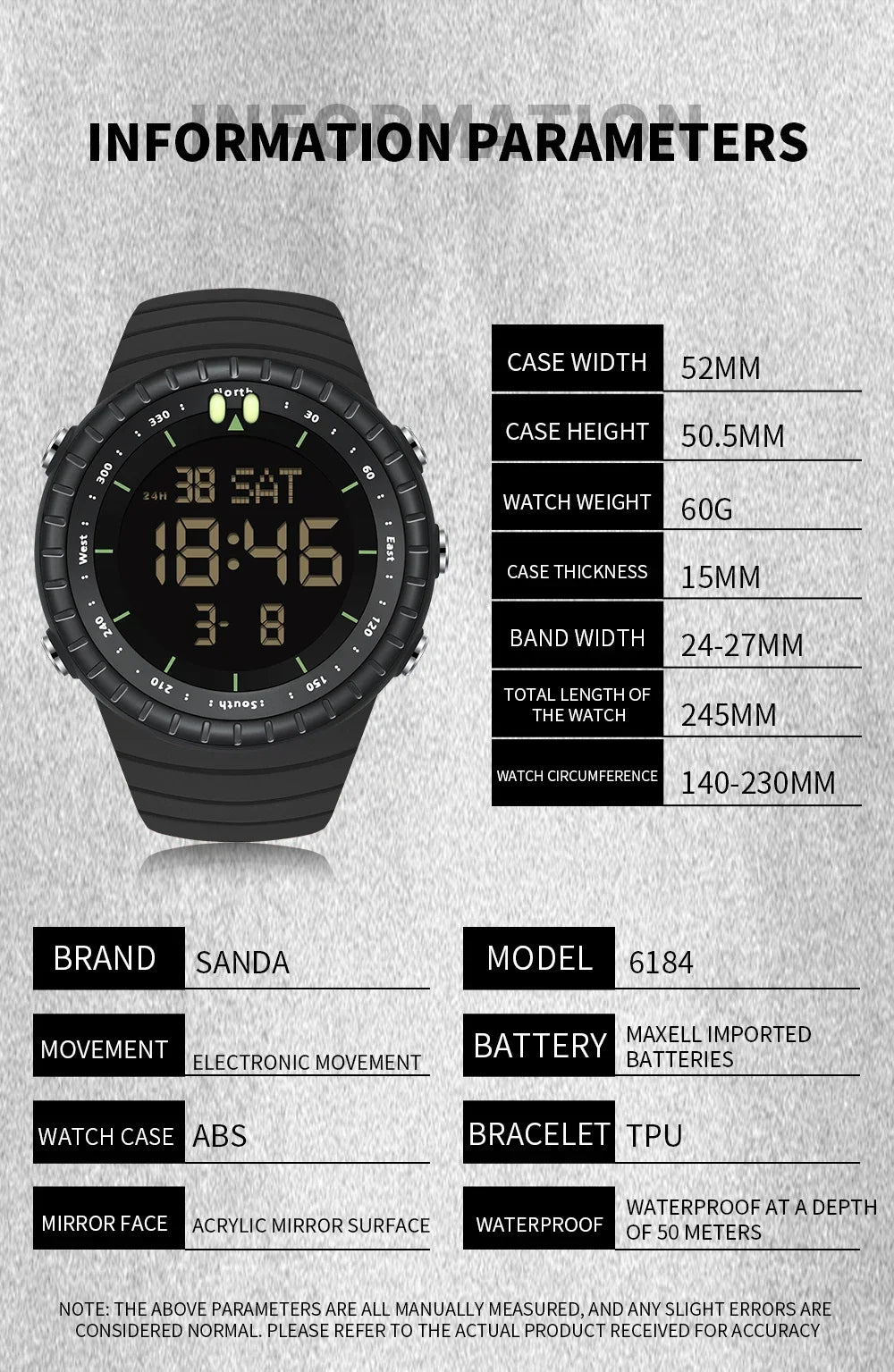 SANDA Brand Sport Watch for Man Waterproof Shockproof Digital Watches Luxury Outdoor Men's Wristwatch Original Clock 6184