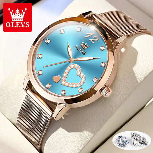 Montres pour femmes OLEVS Montre-bracelet à quartz japonaise étanche Bracelet en acier inoxydable Robe de mode Montre à cadran diamant lumineux pour femme