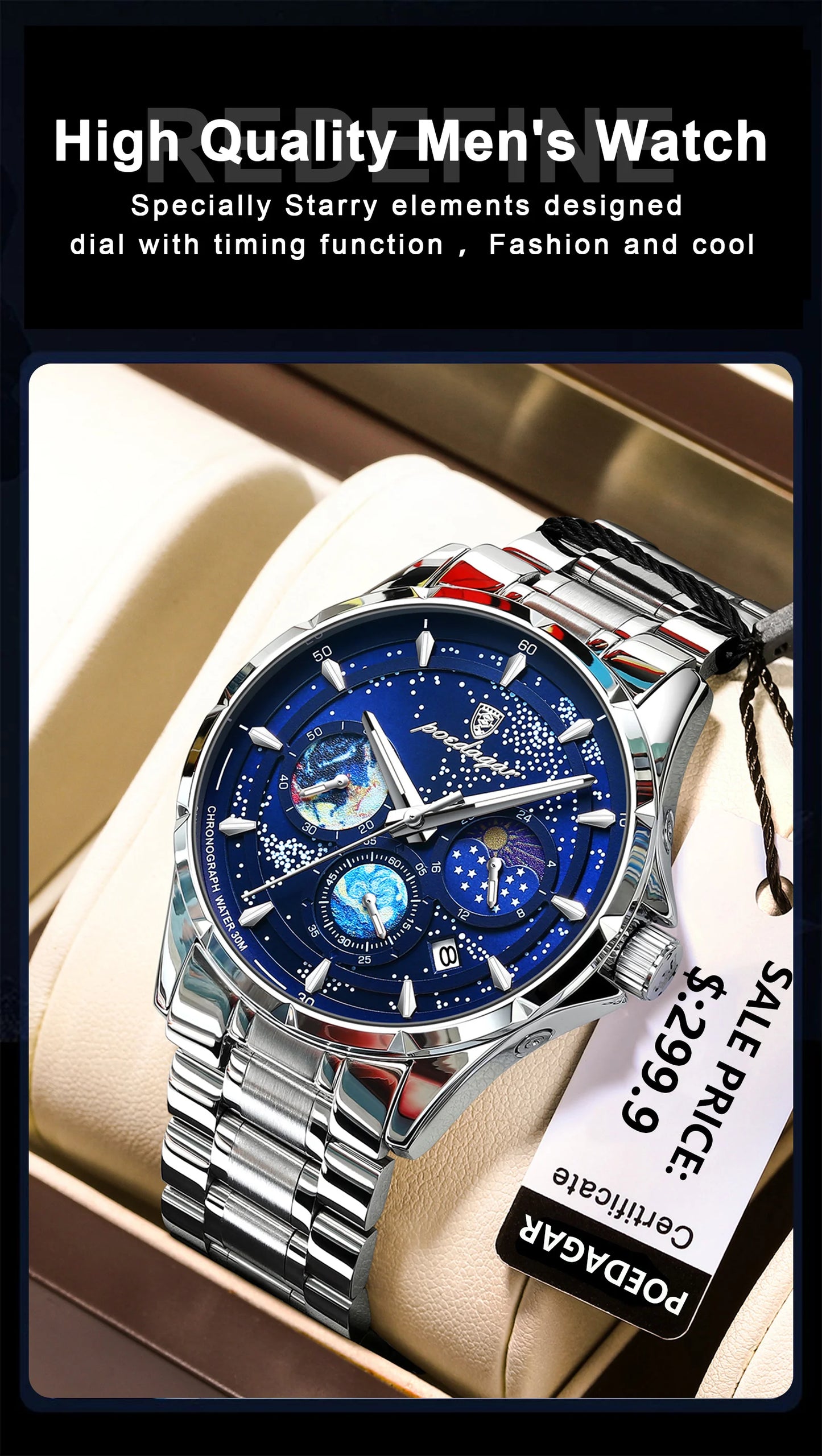 POEDAGAR Casual Man Wristwatch Luxury Waterproof Luminous Date Men Watch Chronograph Stainless Steel Men's Quartz Watches Clock