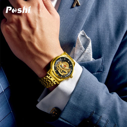 POSHI Stainless Steel Fashion Quartz Watch for Man Gold Dragon Quartz Watches Luxury Men's Wristwatch Waterproof with Box Gift