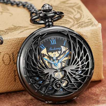 Angel Double Wings Vintage Mehanical Pocket Watch FOB Chain Roman Dial Hollow Skeleton Hand Wind Mechanical Mens Womens Watch