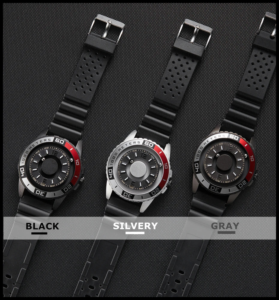 Innovative Magnetic Steel Ball Quartz Watch No Pointer Concept Watch Silicone Canvas Steel Strap Mens Watch Multi color strap