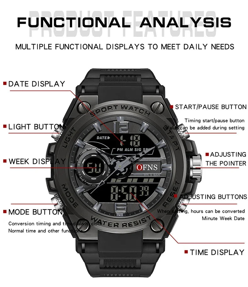 OFNS 6092 New Sport Military Men's Watches Waterproof Quartz Wristwatch LED Digital Watch for Male Clock Relogios Masculino