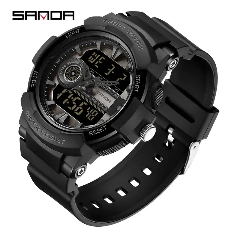 Montres de sport militaires de marque SANDA 2024 pour hommes, montres à double affichage, montre-bracelet électronique antichoc étanche Relogio Masculino 6082