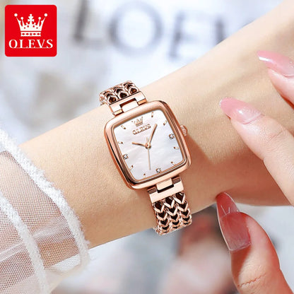 OLEVS New Quartz Watch for Women Elegant Rose Gold Stainless Steel Square Watch Original Luxury Ladies Wristwatches Jewelry Set