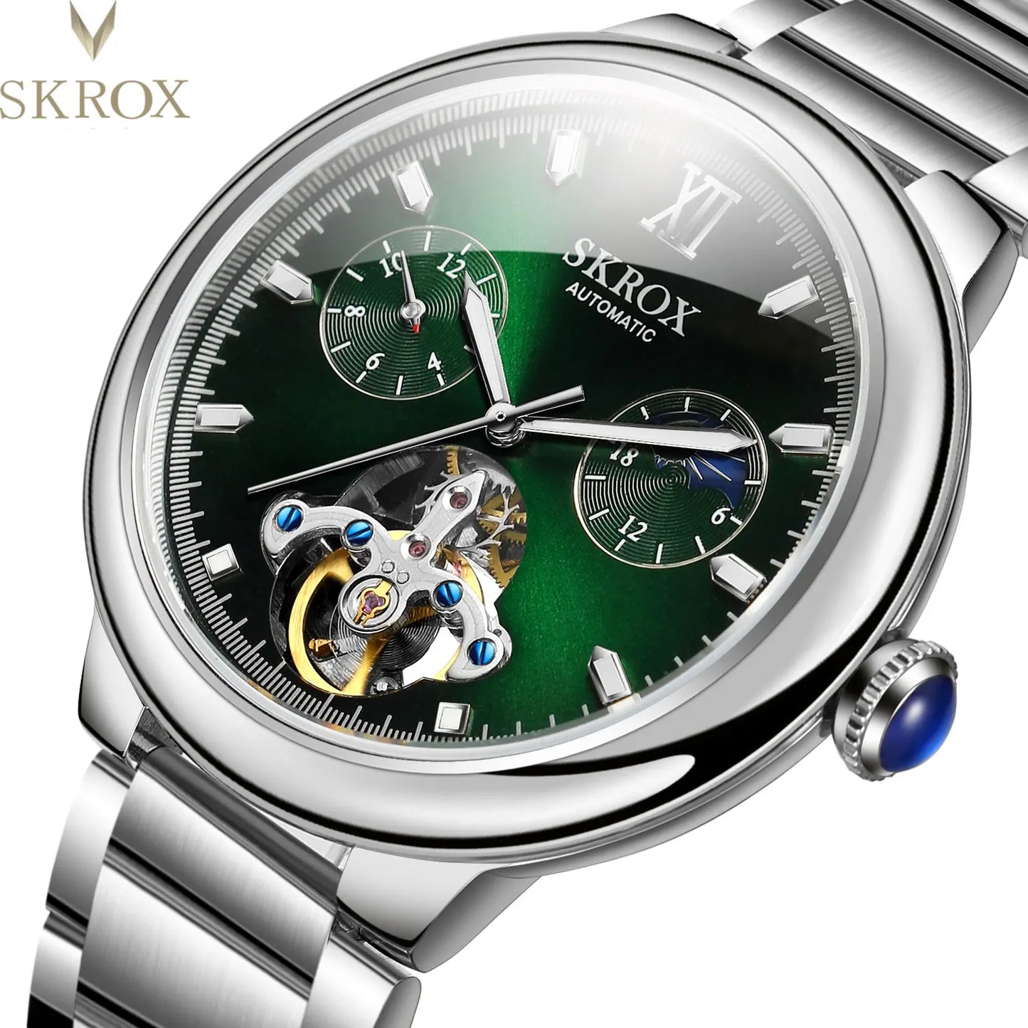 SKROX Original Tourbillon GMT Moon Phase Green Dial Stainless Steel Automatic Movement High-End Luxury Men's Wrist Watch Clock