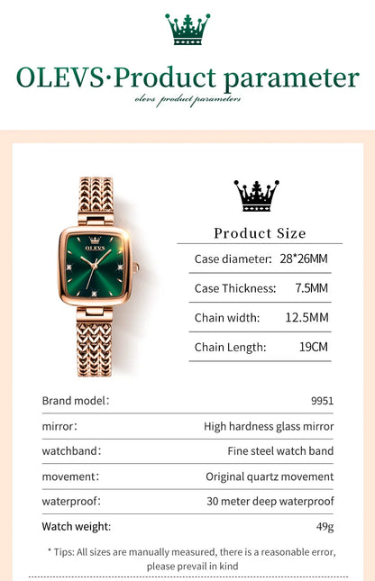 OLEVS New Quartz Watch for Women Elegant Rose Gold Stainless Steel Square Watch Original Luxury Ladies Wristwatches Jewelry Set