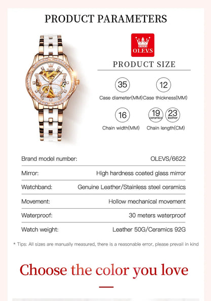 OLEVS Automatic Watches for Women Luxury Rose Gold Skeleton Mechanical Waterproof Luminous Women Bracelets Watches Elegant Set