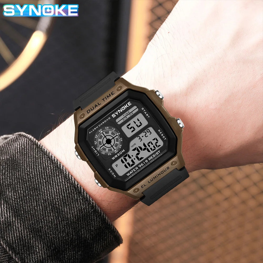 Synoke Montre numérique militaire d'extérieur pour hommes Montre rétro pour hommes de mode Montre de sport pour hommes étanche 3 bars Montre multifonctionnelle lumineuse