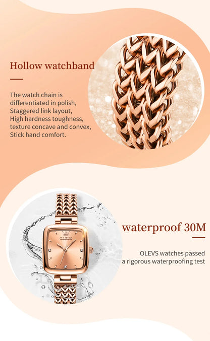 OLEVS New Quartz Watch for Women Elegant Rose Gold Stainless Steel Square Watch Original Luxury Ladies Wristwatches Jewelry Set