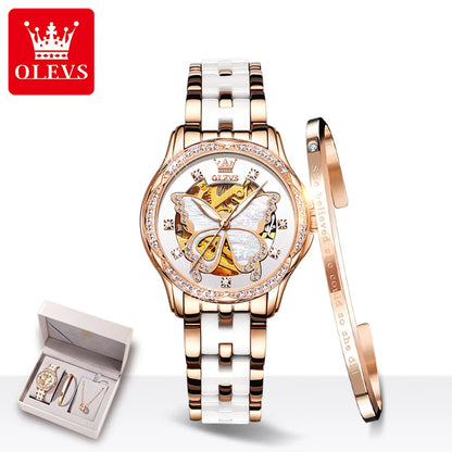 OLEVS Automatic Watches for Women Luxury Rose Gold Skeleton Mechanical Waterproof Luminous Women Bracelets Watches Elegant Set