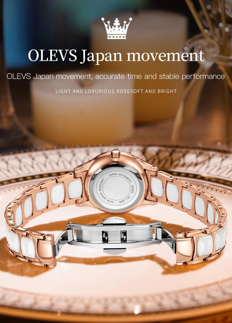 Montre à quartz OLEVS pour femme, mouvement japonais, étanche, en acier inoxydable, céramique, montre-bracelet de luxe pour femme, ensemble de montres tendance