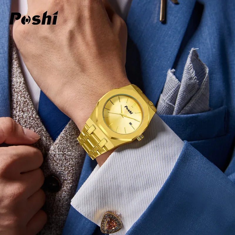 POSHI Quartz Watch for Man Fashion Luxury Business Wrsitwatch Simple Dial with Date Stainless Steel Strap Men's Watches Original