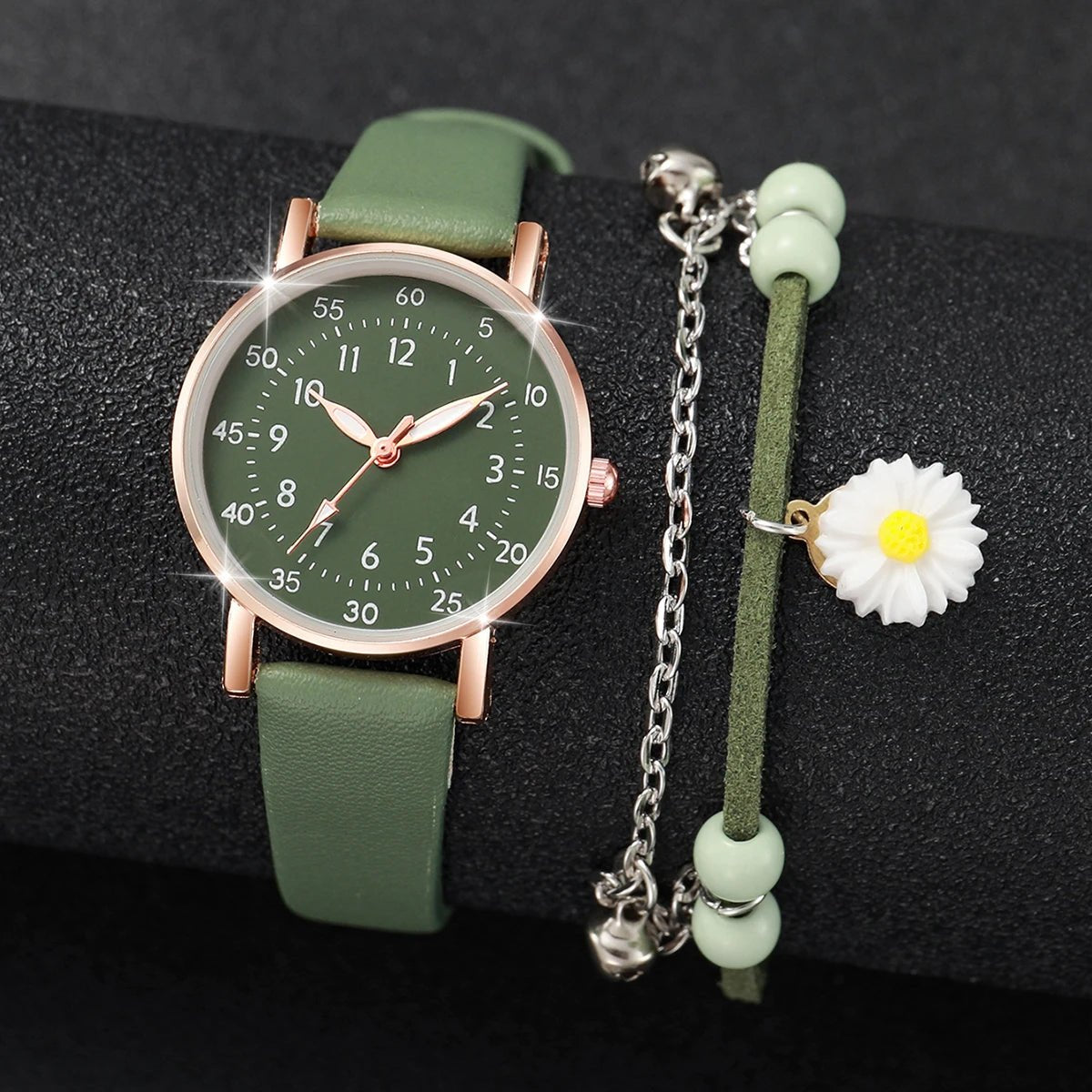 Montre à quartz pour femme avec cadran arabe et bracelet en cuir, lot de 2 pièces, bracelet à fleurs