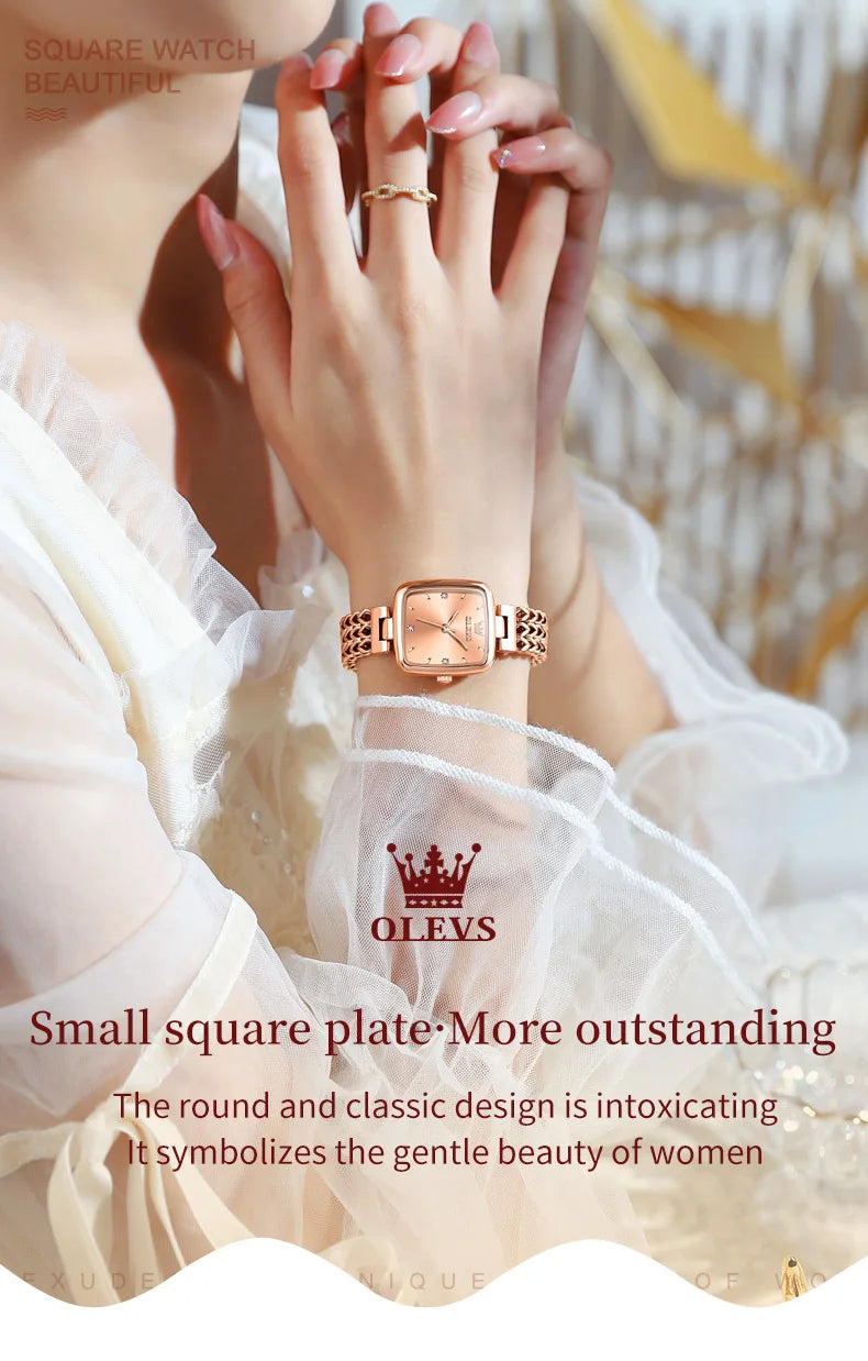 OLEVS New Quartz Watch for Women Elegant Rose Gold Stainless Steel Square Watch Original Luxury Ladies Wristwatches Jewelry Set