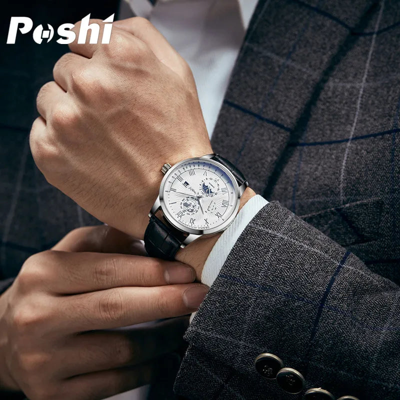 Swiss Brand POSHI Men Watch Fashion Top Luxury Sport Men's Wristwatch Waterproof Luminous Leather Date Quartz Watches Man clock