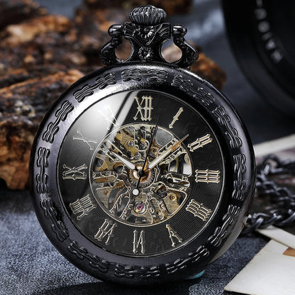 BLACK MENS POCKET WATCH WOMEN LADY PENDANT FOB MECANICAL POCKTE WATCHES FOR MAN SKELETON STEAMPUNK MALE CLOCK reloj hombre