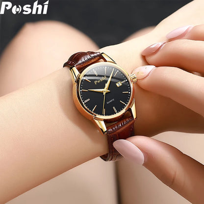 POSHI Fashion Watch for Women Luxury Leather Strap Simple Quartz Watches Original Design Waterproof Calendar Casual Laides Clock