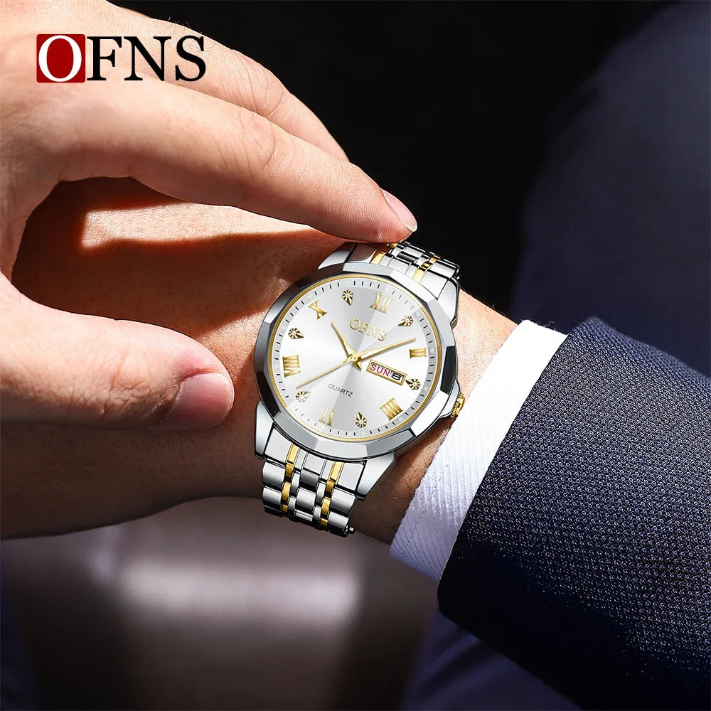 OFNS Top Brand 1502 New Double Calendar Couple Fluorescent Quartz Watch Fashion Waterproof Steel Band Men's and Women's Watch