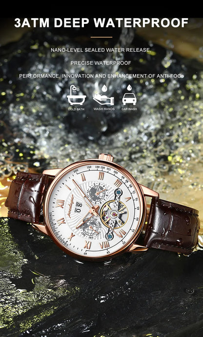 POEDAGAR Automatic Mechanical Tourbillon Business Watch Casual Date&Week&Month Luminous Waterproof Leather Men Watch Hot Relojes