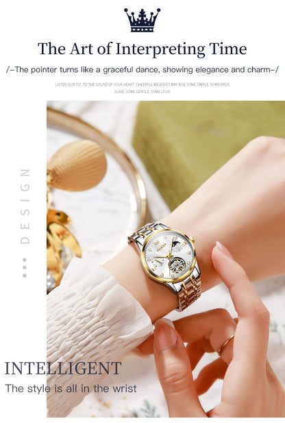 OLEVS Automatic Watch for Women Waterproof Luminous Skeleton Original Automatic Mechanical Elegant Women's Watches Set Gidt