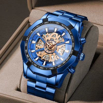 UTHAI Men Watch Business Light Luxury Brand high-grad Stainless Steel Hollow out Waterproof Blue Male Fashion Clock Watches Gift