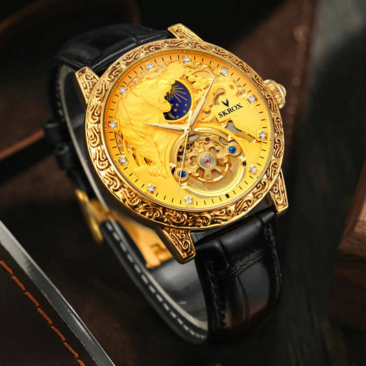 SKROX Original Gold Tiger Diamond Specials Men Watch 2024 Moon Phase Tourbillon Automatic Mechanical Skeleton Luxury Male Clock