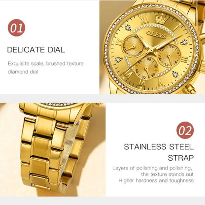 OLEVS Quartz Women's Watch Elegant Luxury Diamond Gold Stainless Steel Three Small Dials Luminous Waterproof Ladies Hand Clock