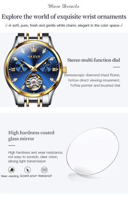 OLEVS Automatic Watch for Women Waterproof Luminous Skeleton Original Automatic Mechanical Elegant Women's Watches Set Gidt