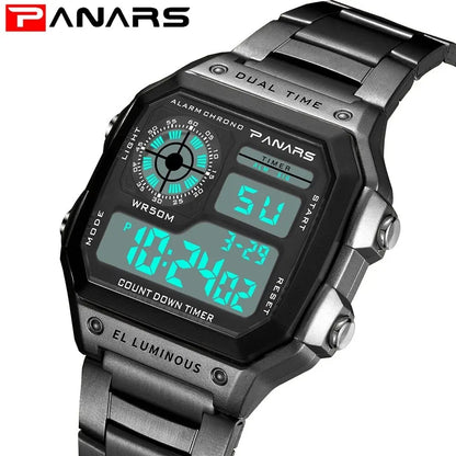 PANARS Top Luxury Stainless Steel Strap Sport Watches Mens Waterproof Back Light Digital Wristwatch Male Alarm