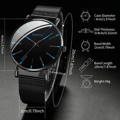 LUXURY MEN'S QUARTZ WATCHES WITH BLACK STAINLESS STEEL MESH BELT SET