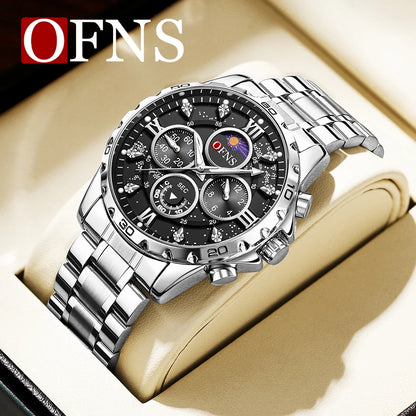 OFNS 1523 Men's Steel Band Six Needle Quartz Watch Fashionable and Trendy Simple Nightglow Waterproof Men's Watch