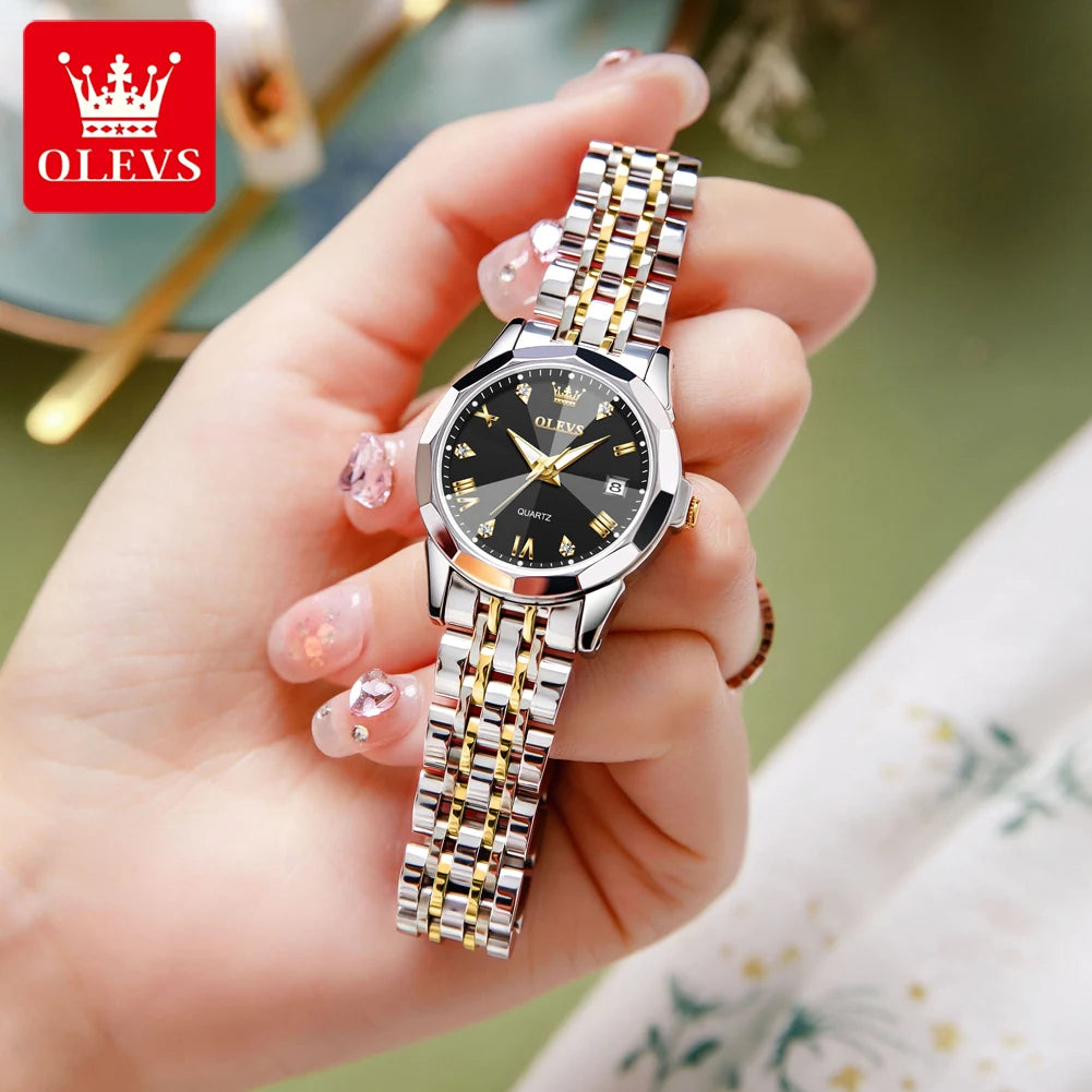 Montre à quartz OLEVS pour femmes, montre-bracelet élégante et originale en acier inoxydable avec miroir en losange, montre-bracelet étanche avec diamant