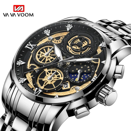 Luxury Men Sports Watch VA VA VOOM Fashionable Male Rhinestone Silver Black Stainless Steel Quartz Waterproof Casual Mens Watch