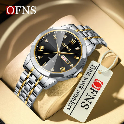 OFNS Top Brand 1502 New Double Calendar Couple Fluorescent Quartz Watch Fashion Waterproof Steel Band Men's and Women's Watch