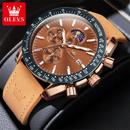 OLEVS Original Men's Quartz Watch Brown Leather Strap Moon Phase Waterproof Multifunctional Luxury Brand Watch for Men 2024 New