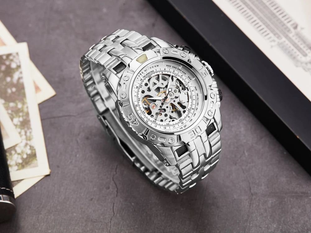 reloj hombre Luxury  Wristwatch Men Skeleton Automatic Mechanical Watch Steel Strap