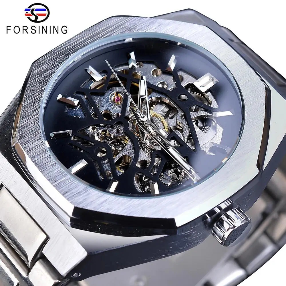 Forsining Fashion Steampunk Men's Automatic Mechanical Watch Hollow Skeleton Design Black Dial Waterproof Business Wristwatches