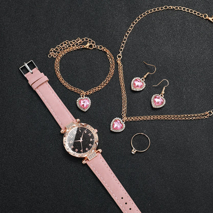 WOMEN'S STARRY SKY LEATHER BAND ANALOG QUARTZ WATCHES WITH DIAMOND HEART JEWELRY SET