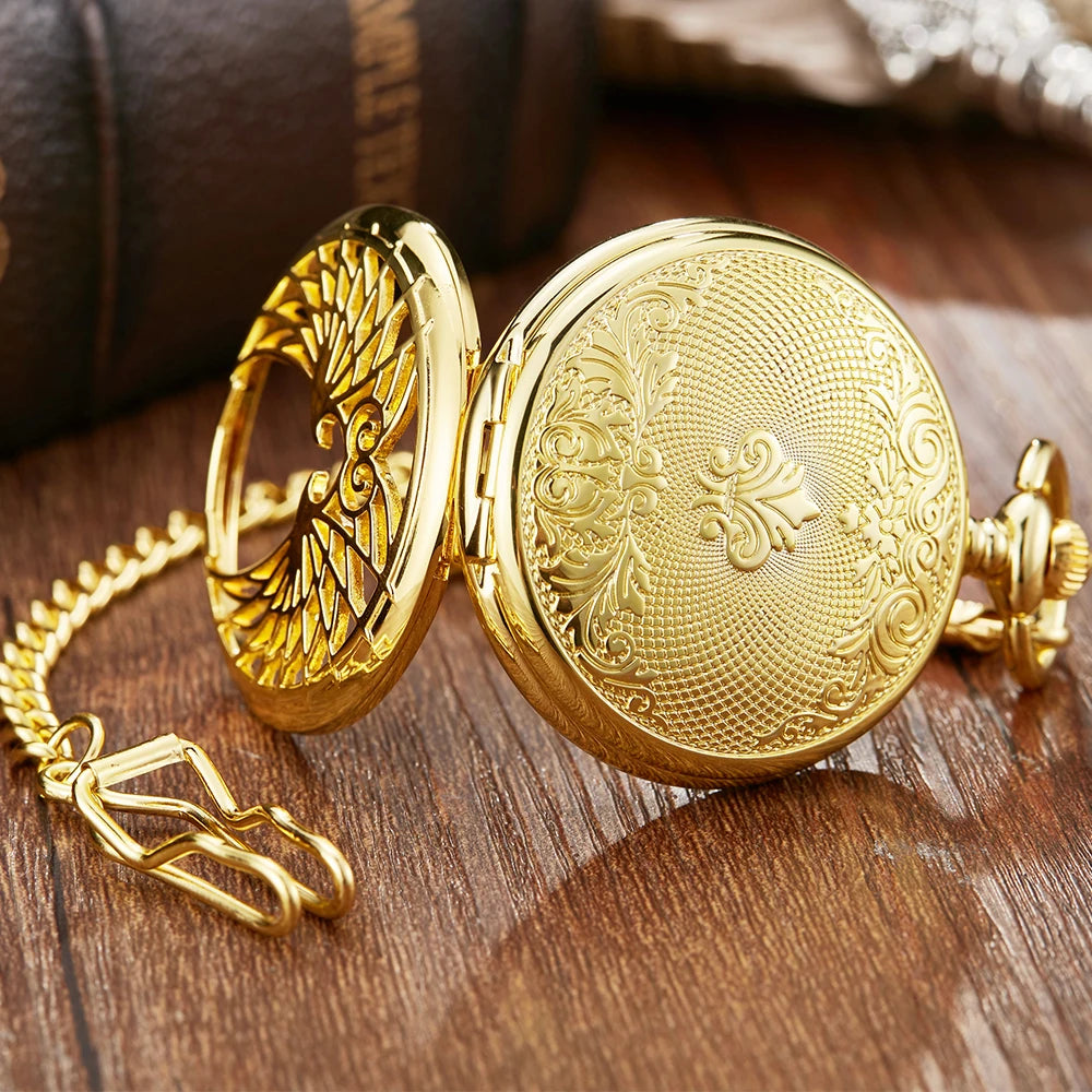 Angel Double Wings Vintage Mehanical Pocket Watch FOB Chain Roman Dial Hollow Skeleton Hand Wind Mechanical Mens Womens Watch