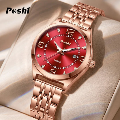 POSHI Women Watches Fashion Stainless Stain Steel Ladies Watch Waterproof Rose Gold Quartz Wristwatch Romatic Girlfriend Gift