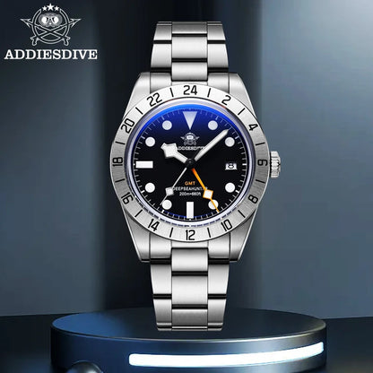 ADDIESDIVE GMT Men‘s Watch 200m Diving Quartz Watch for Men Super Luminous Date 316L Stainless Steel Dress Business Wristwatch