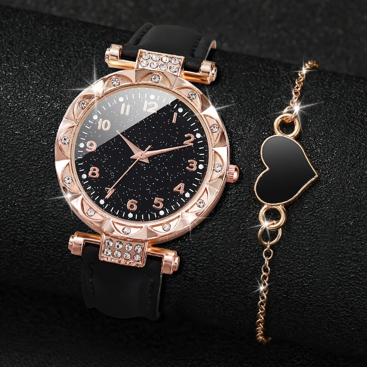 Montre à quartz analogique en cuir PU pour femme, lot de 2 pièces, bracelet en forme de cœur, strass