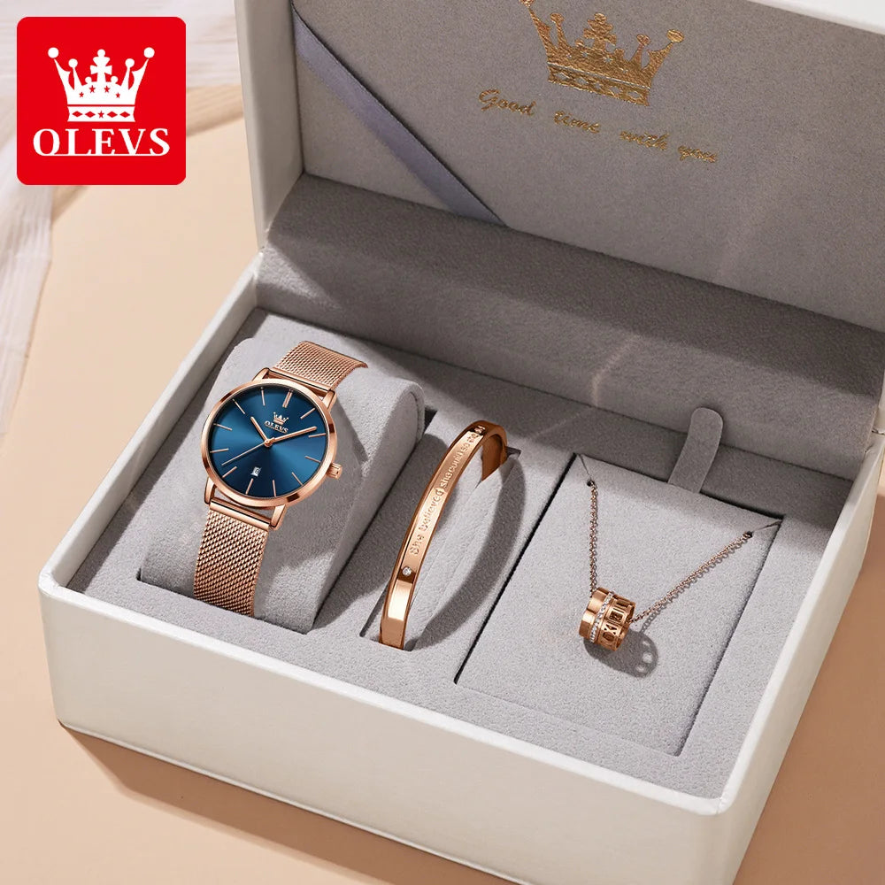 OLEVS Watch Women Rose Gold Top Brand Luxury JAPAN Movement Quartz Ultra Thin Ladies Watch Calendar Date Necklace Watch Set