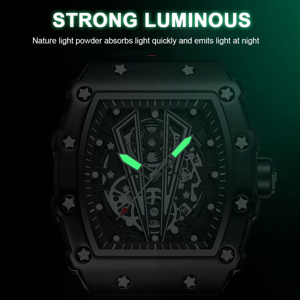 POEDAGAR Fashion Hollow Dial Watch Sport Top Brand Tonneau Waterproof Luminous Calendar Silicone Strap Men Watches Reloj Hombre