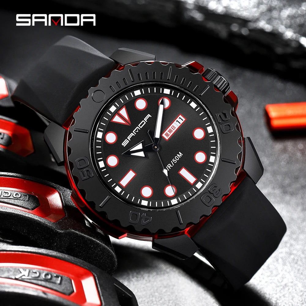 SANDA Casual Fashion Mens Quartz Wrist Watch Silicone Strap Weekly Calendar Display 2023 Fashion New Men Watch Reloj Hombre 3118