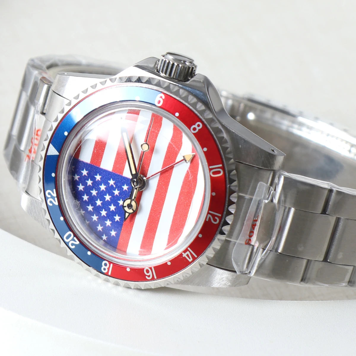 GMT Vintage Watch American Flag Dial 40mm Red Blue Bezel Automatic Movement Men's Watch Acrylic 5ATM Waterproof Watch