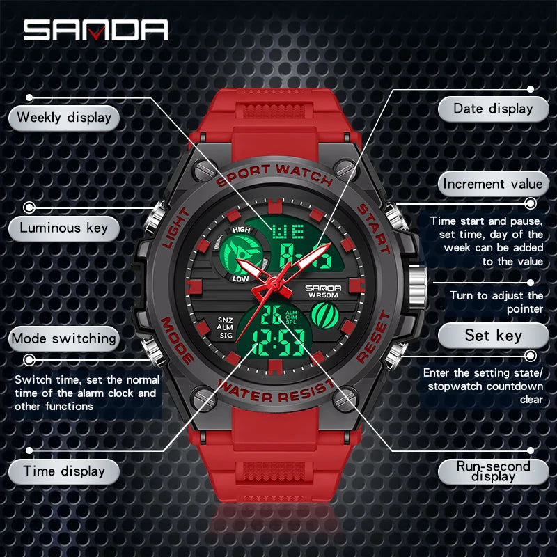 SANDA Montre de Sport pour Hommes Montre à Quartz Militaire Homme Étanche Double Affichage Montre-Bracelet Numérique pour Hommes Horloge Relogios Masculino