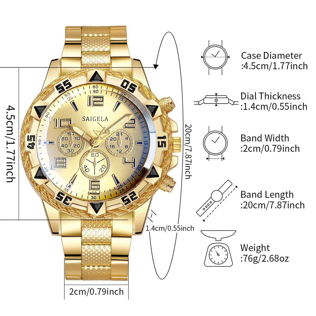 FASHION MEN'S QUARTZ WATCHES WITH GOLD STEEL BAND SET